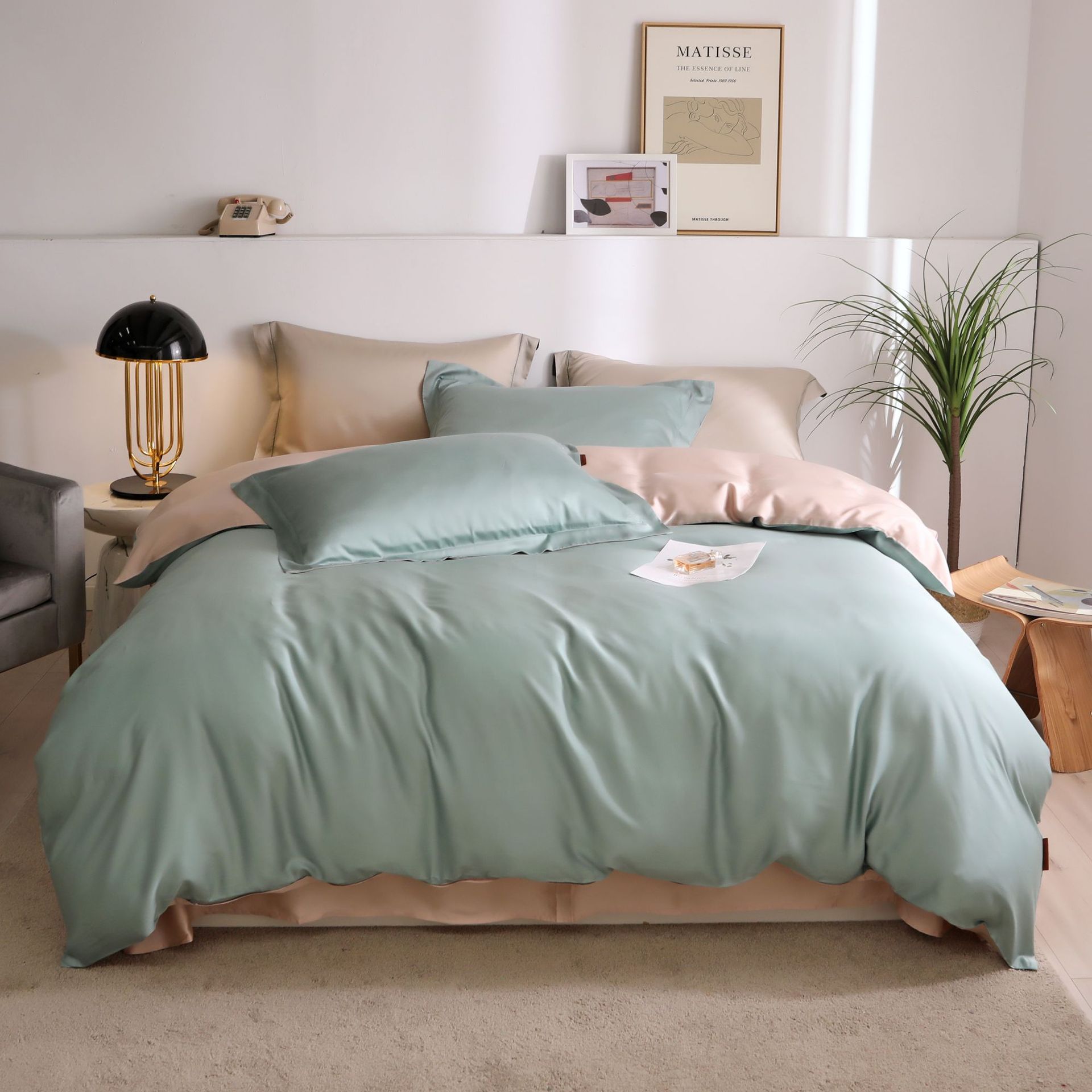 春夏季60支兰精天丝纯色四件套简约双拼被套丝滑裸睡双人床上用品