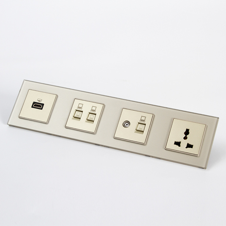 产地货源四连排墙壁插座组合面板 时尚香槟金玻璃 酒店公寓写字楼