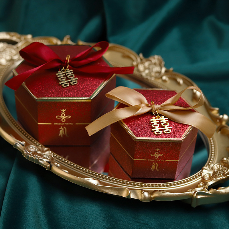 新款创意中式双喜磨砂六角喜糖盒批发婚庆伴手礼盒结婚喜糖包装盒