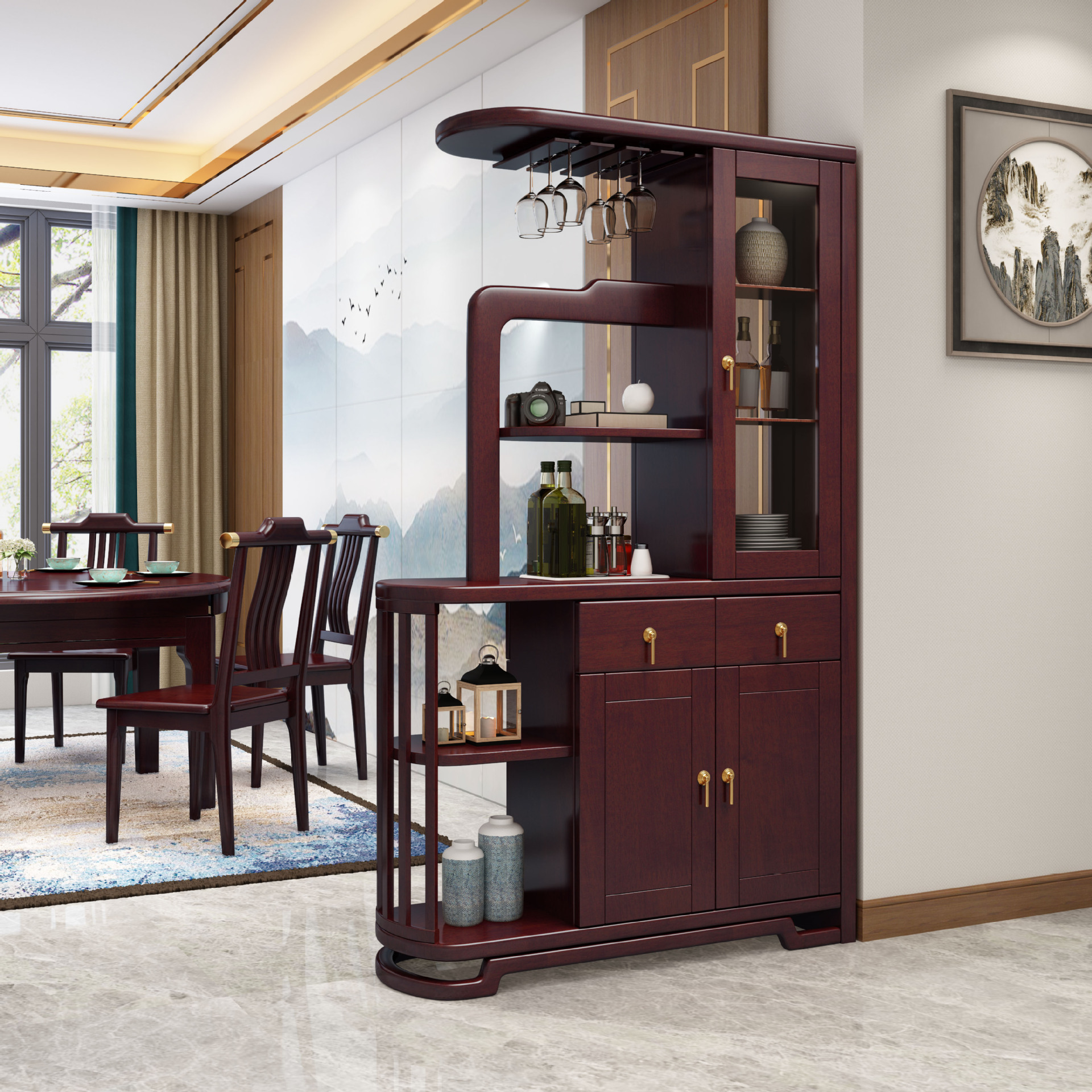 新中式实木间厅柜进门玄关隔断大小户型现代简约双面酒柜客厅屏风