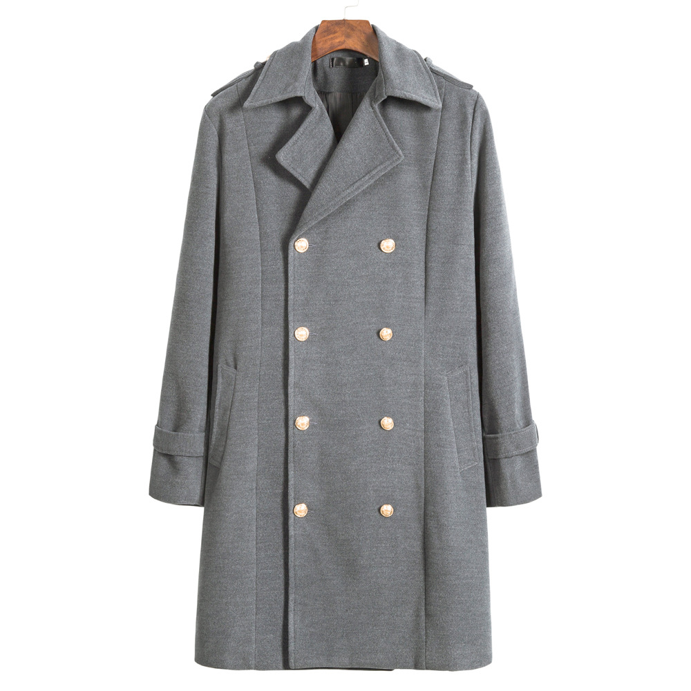 2020秋冬新款外贸男士金属双排扣长款毛呢大衣外套