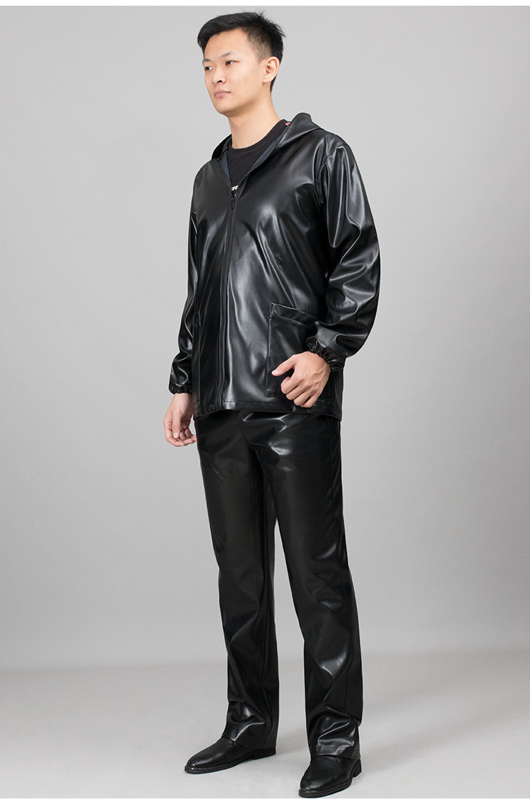 四季款皮裤男皮衣皮裤套装单款防油防水防尘宽松直筒松紧腰连帽服