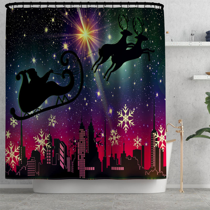 Christmas Elk Car Printing Waterproof Shower Curtain Carpet Four-Piece Set Toilet Mat Set Cross-Border Overseas Warehouse Exclusive