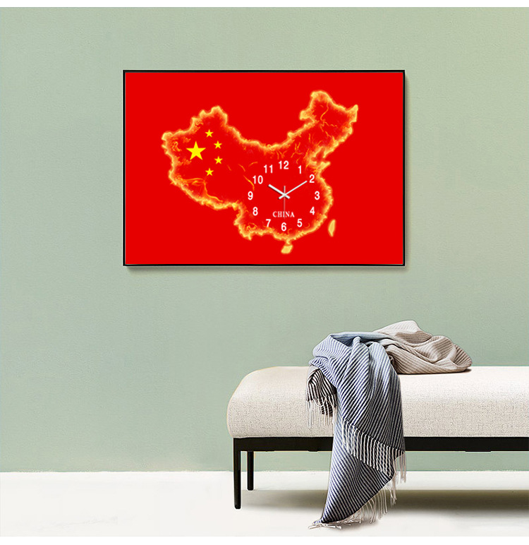 中国地图钟表创意艺术装饰画挂钟客厅红色国旗个性艺术时钟60*90