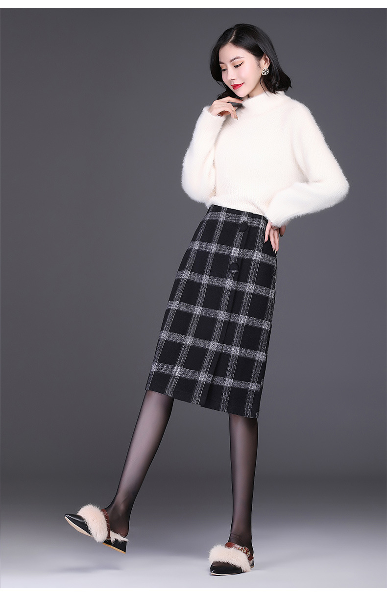 格子毛呢半身裙女秋冬2020新款韩版中长款包臀裙一步裙大码显瘦潮