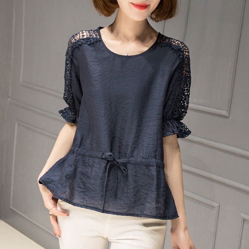 2020t恤女短袖宽松大码女装夏胖mm宽松收腰显瘦圆领镂空上衣