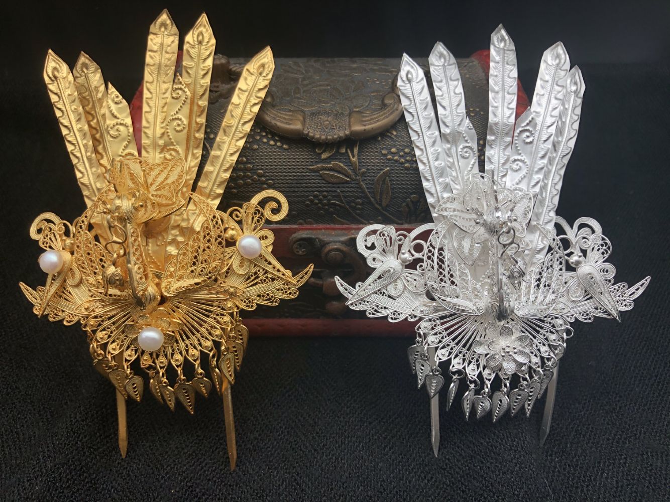 大银家99足银镀金古风后压凤钗花丝工艺制作錾刻七尾凤凰汉服发钗