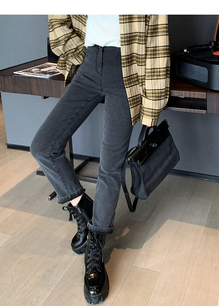 网红微胖mm裤脚翻边牛仔裤女装秋冬大码宽松显瘦佰搭长裤一件代发