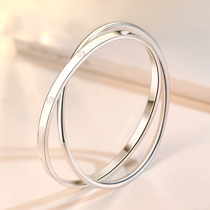 s999纯银双环四叶草手镯女 日韩网红简约光面多圈足银镯子送女友