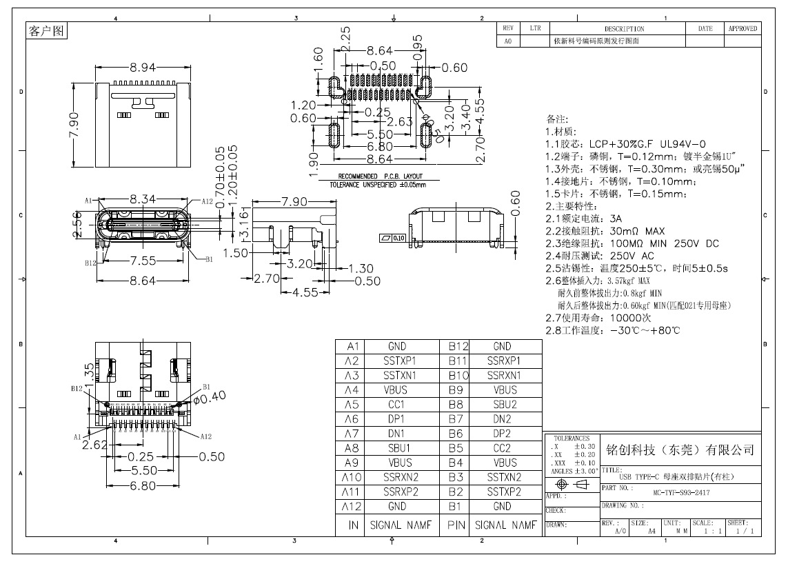 1 type c母座24p板上双排贴片smt 双贴typec手机座子pd快充