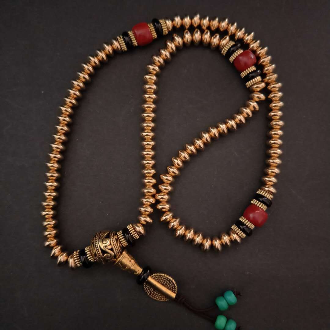 复古108颗纯铜黄铜元片尼泊尔铜珠项链佛珠念珠手链一件代发