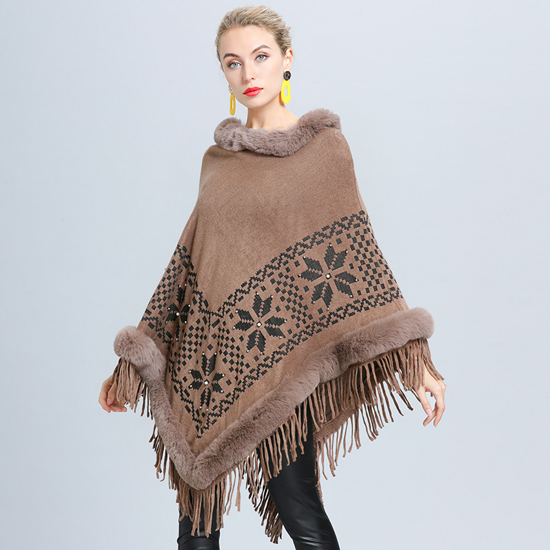 1643# Autumn and Winter Socialite Flower Jacquard Fur Collar Women's Knitted Coat Warm Tassel Female Shawl Cape