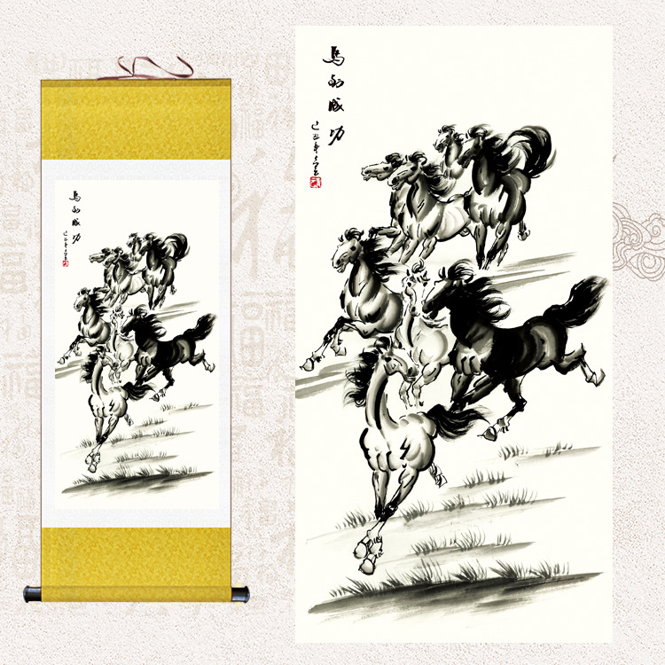 马到成功骏马水墨画挂画客厅办公室装饰字画八骏图国画丝绸卷轴画