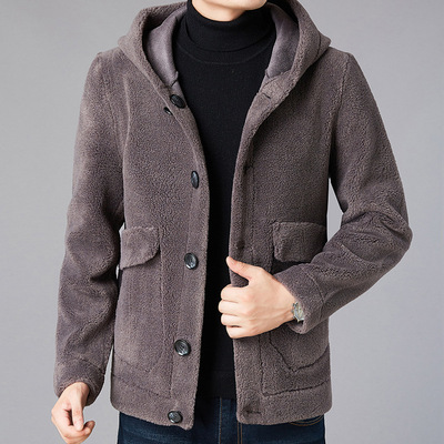 速卖通wish夹克连帽羊剪绒外套男冬季两面穿单排扣颗粒绒连帽青年