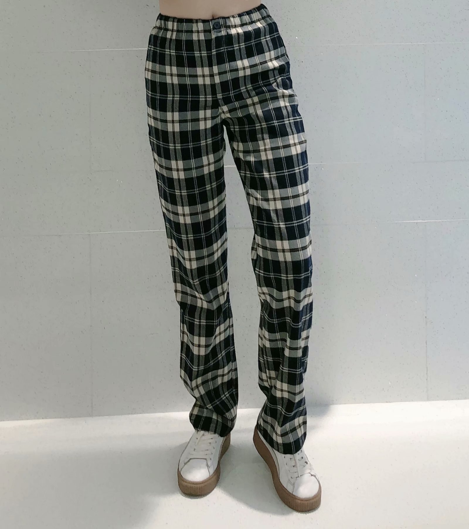 bm长裤 20新款美复古深色格子高腰休闲直筒阔腿裤 brandy同款