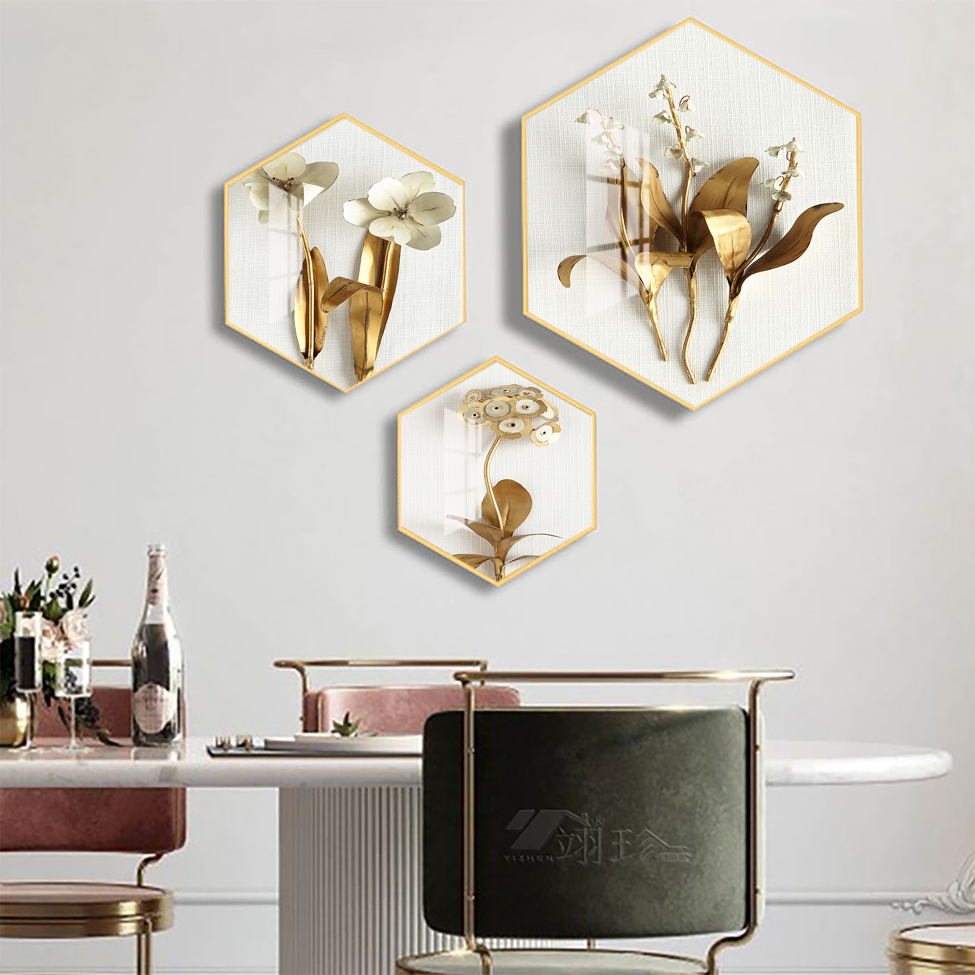ins北欧风装饰画创意六边形三联壁挂画餐厅酒吧酒馆喷绘墙画定制