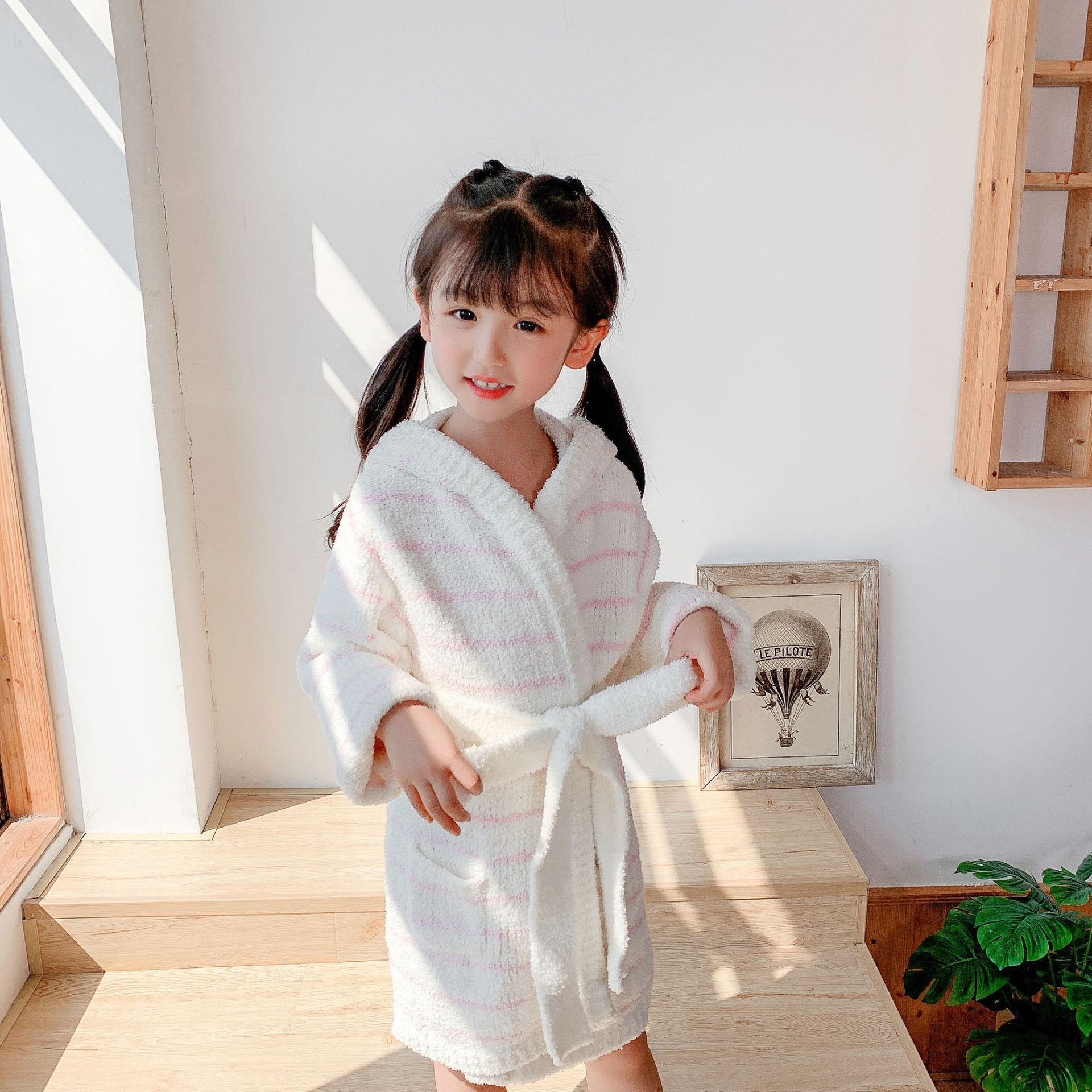 儿童家居服浴袍 柔软舒适半边绒连帽浴袍 腰带条纹方便女童浴袍