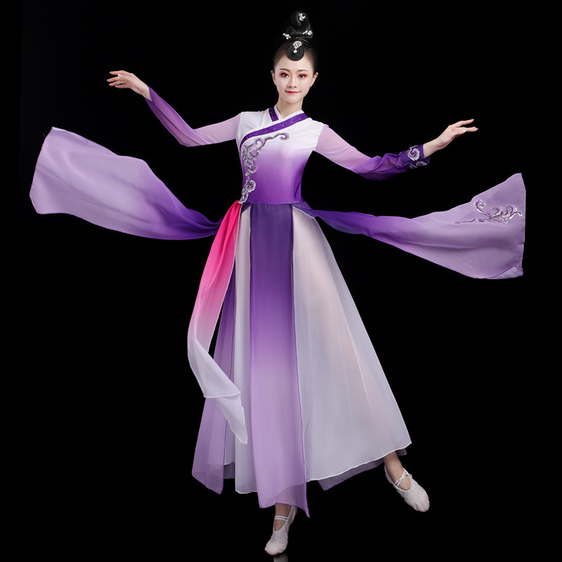 落花古典舞演出服女飘逸清新淡雅扇子舞蹈表演服装中国风汉服超仙