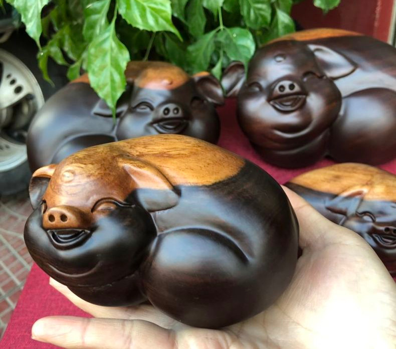 直播供货 福猪黑檀木猪木雕摆件小猪红木礼品对猪一件代发