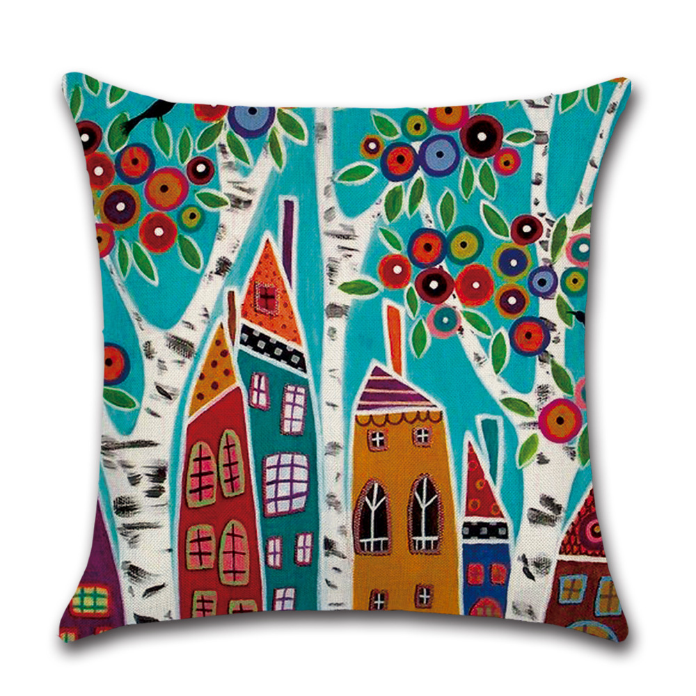 Cross-Border New Arrival Pillow Abstract House Trees Linen Sofa Decoration Pillow Cover Bay Window Decoration Throw Pillowcase