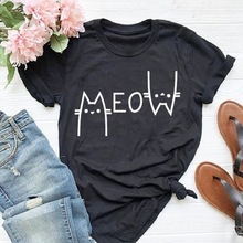 Meow猫咪图案印花欧美休闲短袖女T恤夏季新款wishT恤