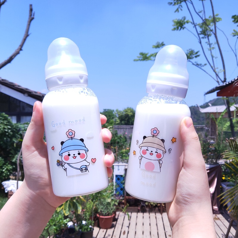 Internet Celebrity Little Mouse Feeding Bottle Adult with Scale Adult Baby Bottle Glass Student Cute Water Glass Drinking Straw Cup