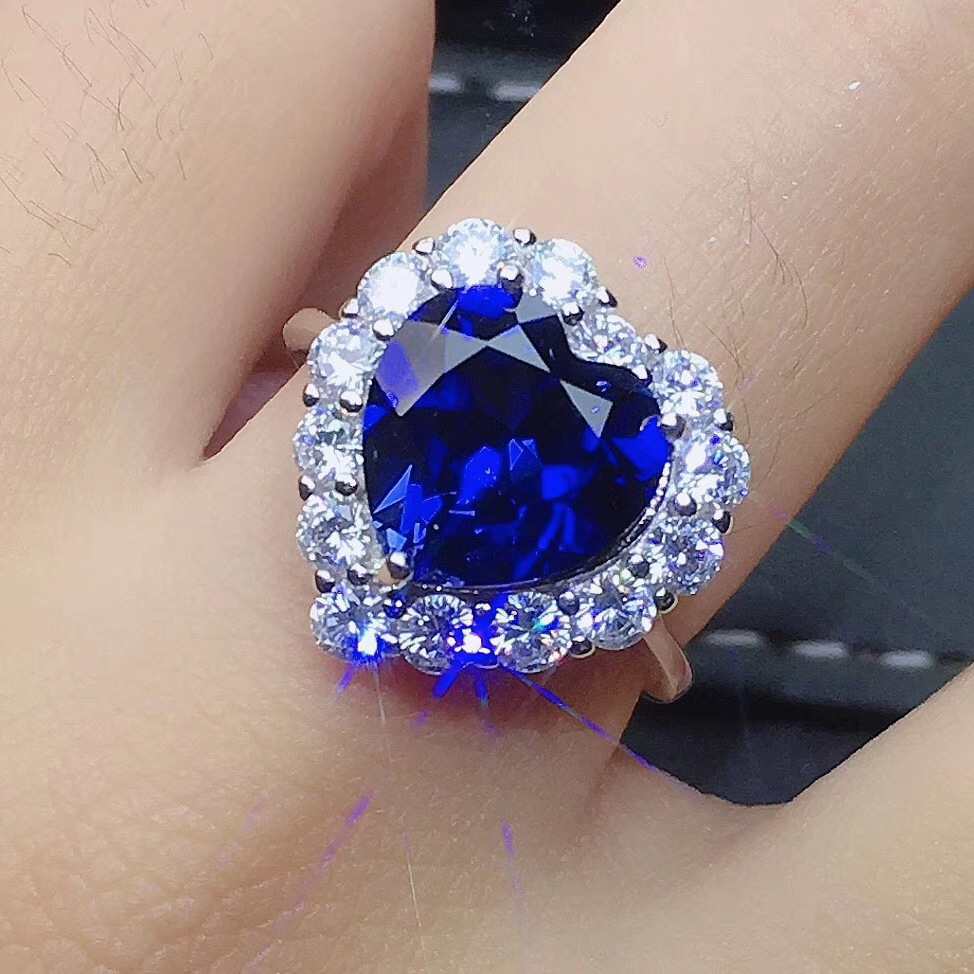 新款高端奢华心形仿真爱心蓝宝石开口戒指女 群镶锆石活口指环