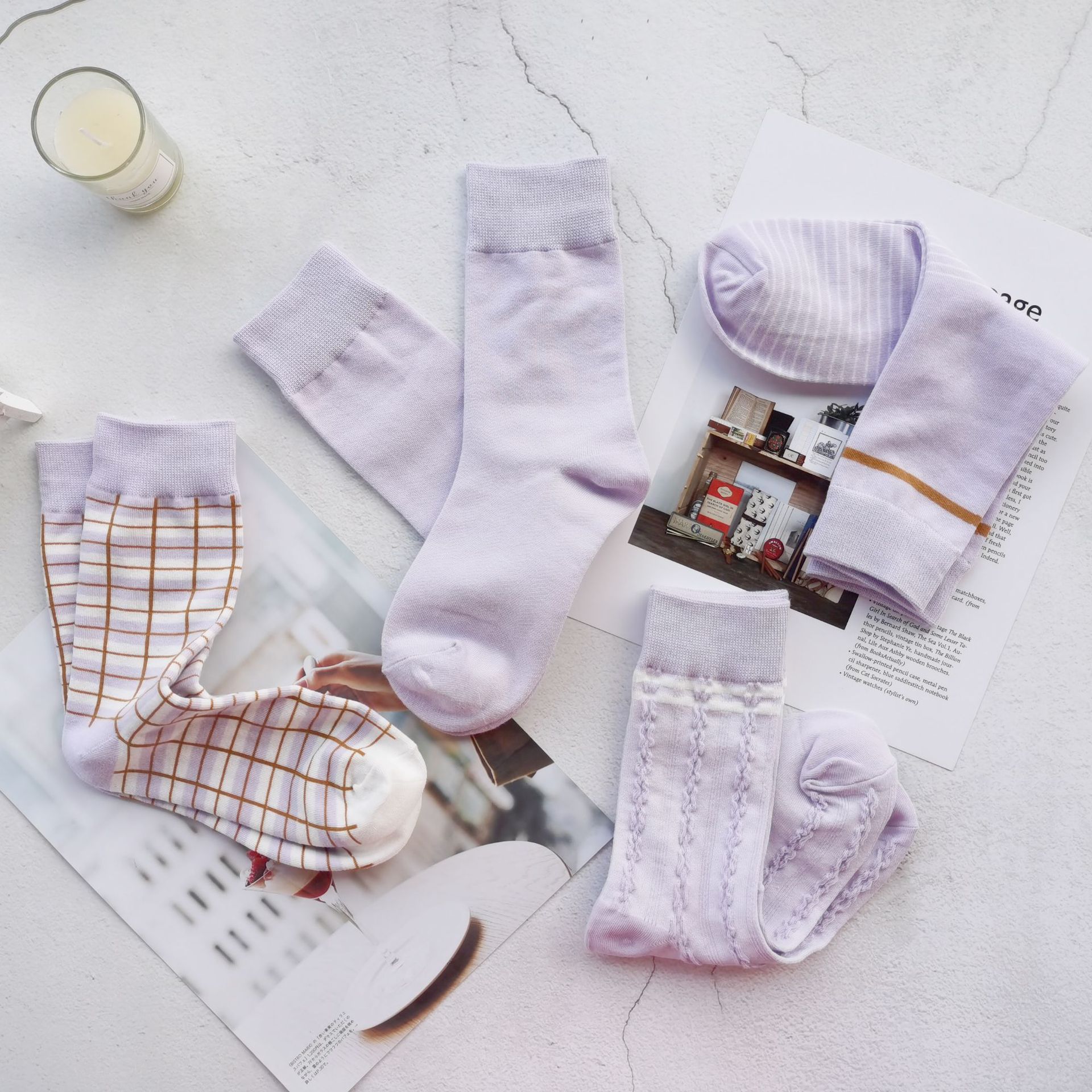 春秋紫色中筒袜女袜 韩国香芋紫可爱棉袜子 ins时尚休闲舒适潮