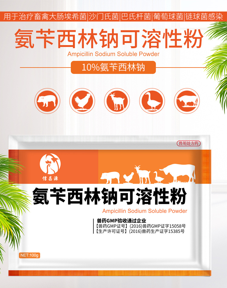 兽药氨苄西林钠可溶性粉兽用猪用鸡腹泻拉稀大肠杆菌沙门氏菌