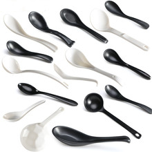 仿瓷拉面勺黑白色小汤匙餐具调羹密胺磨砂粥饭勺子塑料长柄弯勾勺