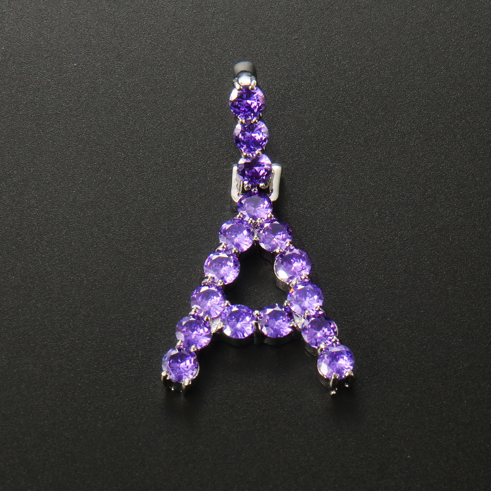 字母项链 男士嘻哈紫色锆石项链锆英文字母吊坠跨境新品古巴项链