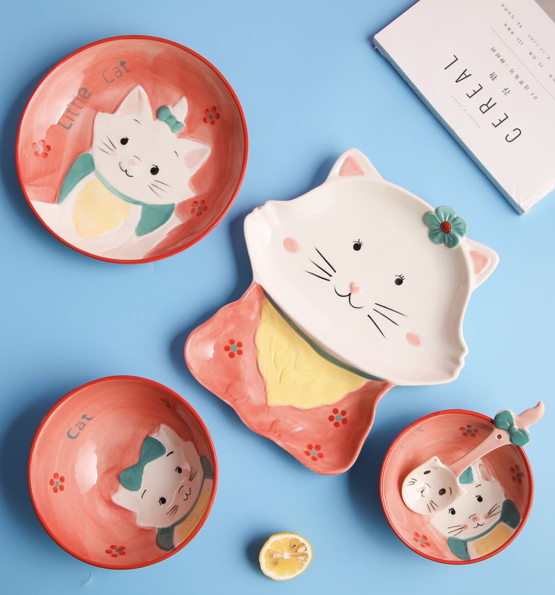 可爱卡通小花猫长颈鹿美人鱼釉下彩手绘陶瓷餐具卡通碗盘碟勺