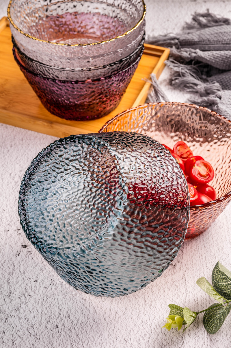 日式ins锤纹玻璃碗小号锤目纹蔬菜沙拉碗甜品碗金边水果盘 干果盘