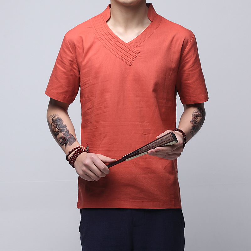 大码中国风棉麻v领短袖t恤复古亚麻民族休闲短t小衫夏装男简约tee