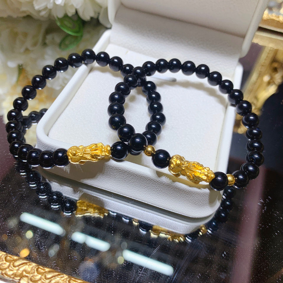 999足金转运珠黄金貔貅手串男女款3d硬金珠纯金情侣招财皮丘手链