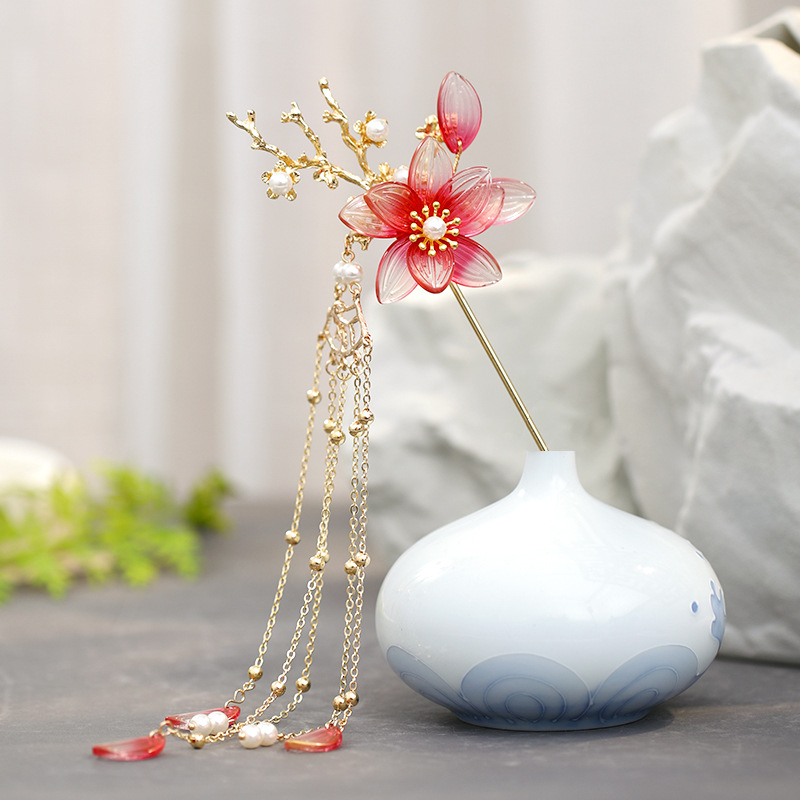 复古珍珠发簪 手工金属红色珠花义乌念灿新娘头饰新中式汉服发簪