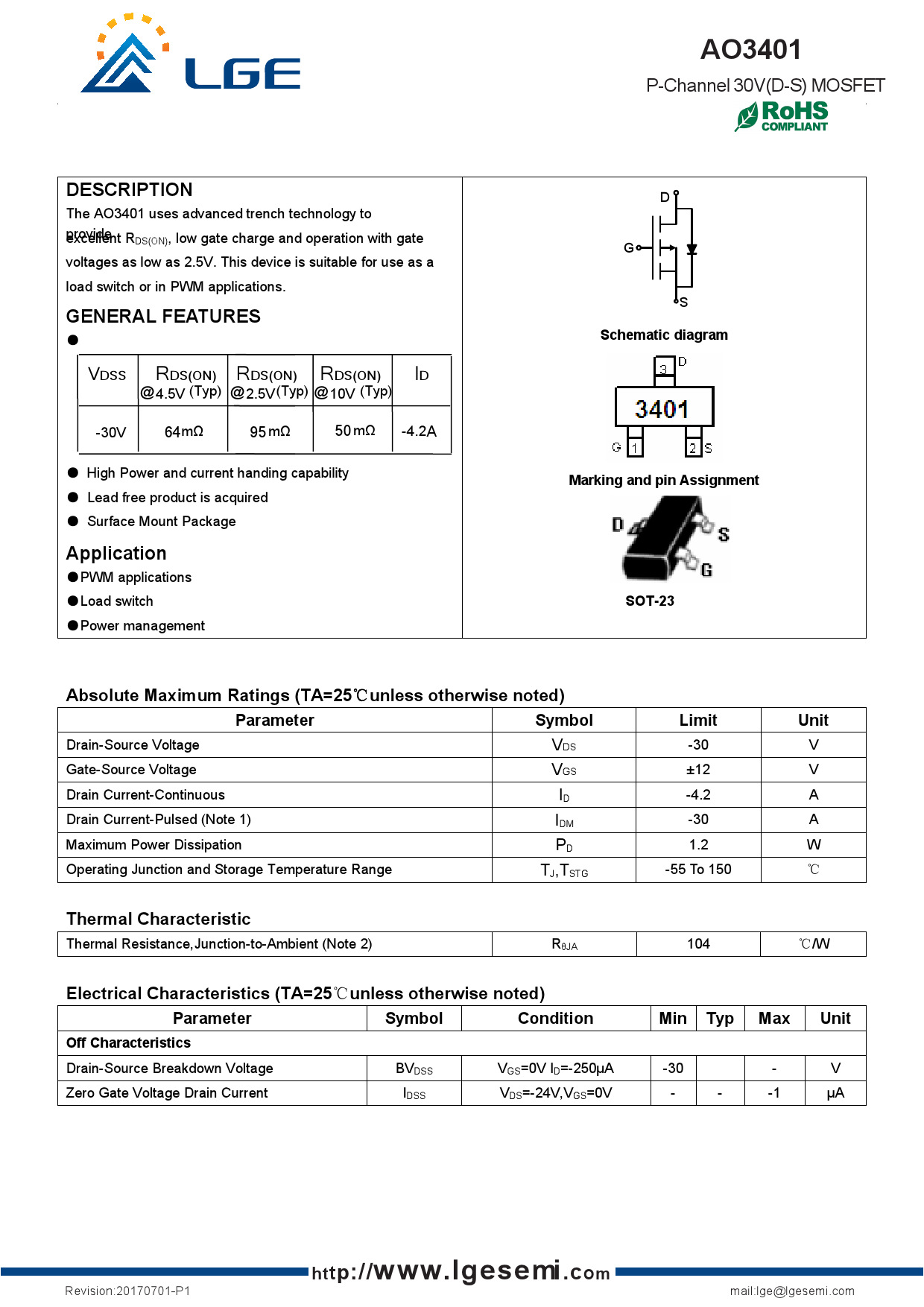 6a p沟道增强型 sot23-3 mos管
