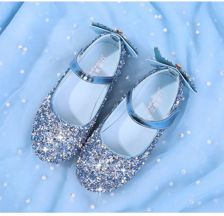 女童水钻公主鞋儿童水晶鞋春秋季新款小女孩单鞋蓝色银色演出童鞋