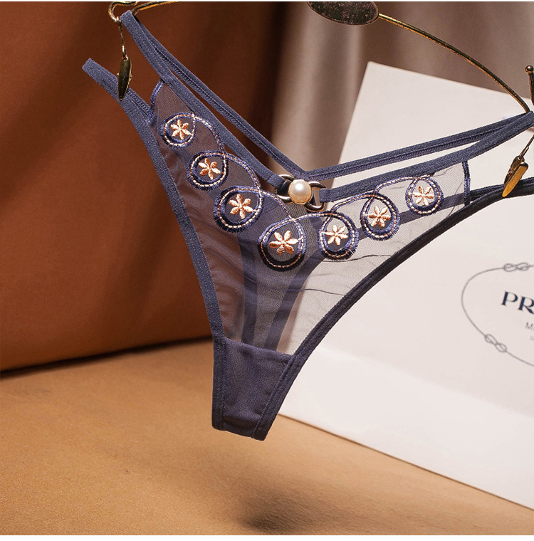 透明网纱女士内裤性惑刺绣镂空珍珠丁字裤女日系性感薄款t裤 2240