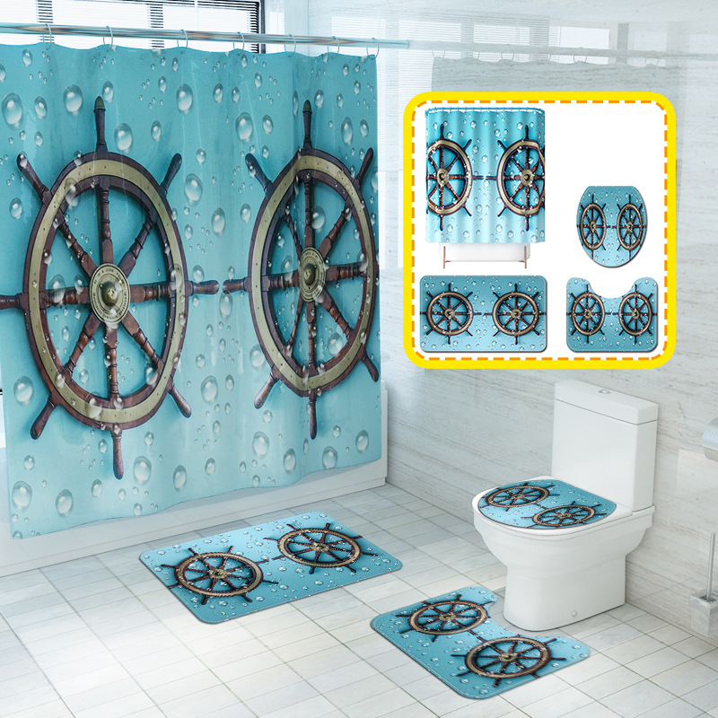 Nordic New Blue Bottom Rudder Waterproof Shower Curtain Four-Piece Set Toilet Mat Set Bathroom Curtain Amazon Home Hot Sale