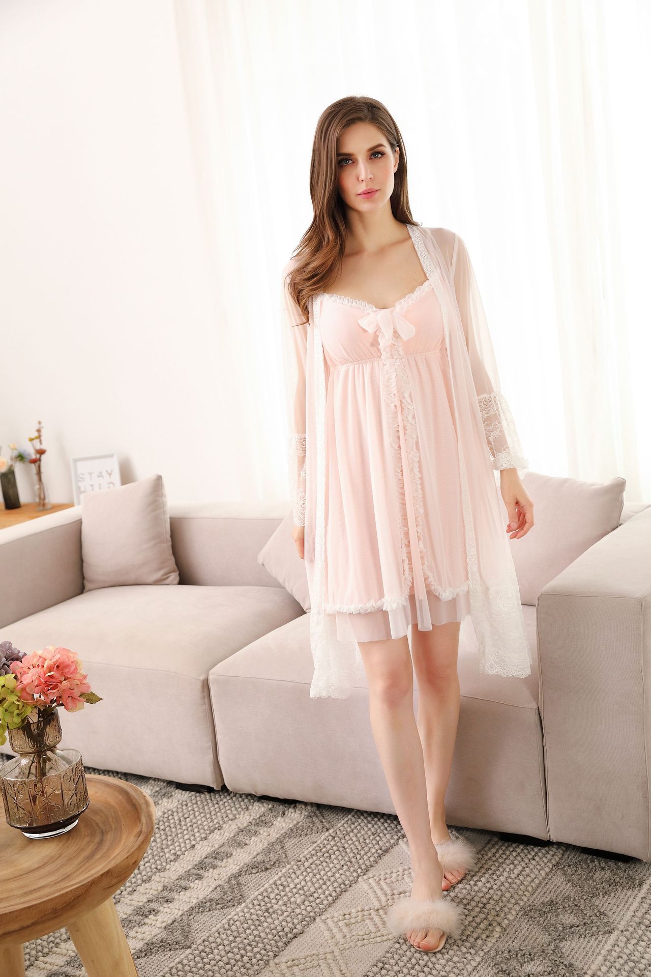 三件套睡衣v领性感吊带睡裙女夏季莫代尔网纱带胸垫披肩宫廷风女