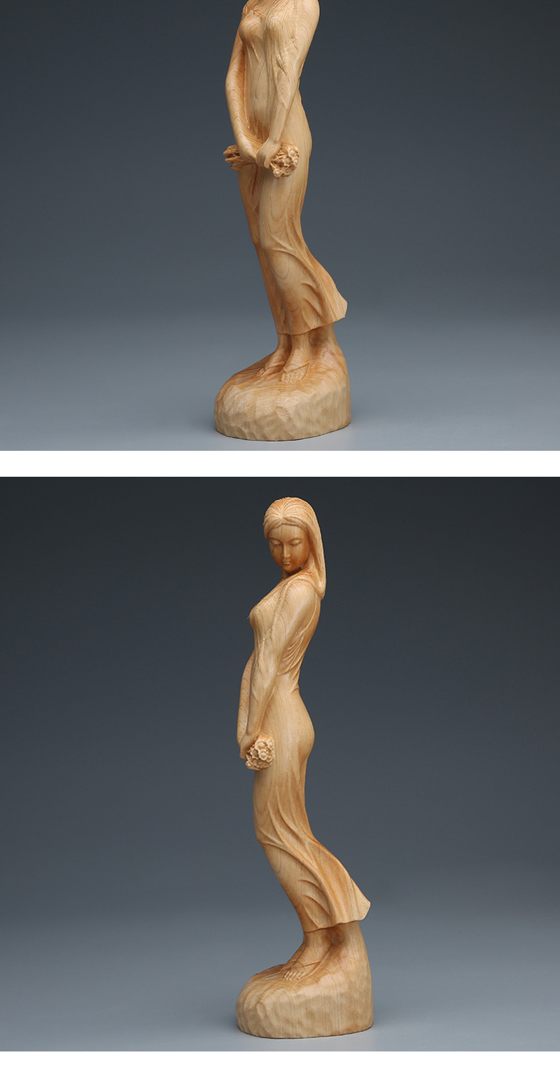 崖柏木雕拿花少女摆件 实木居家雕刻工艺品少女美女花样年华送礼