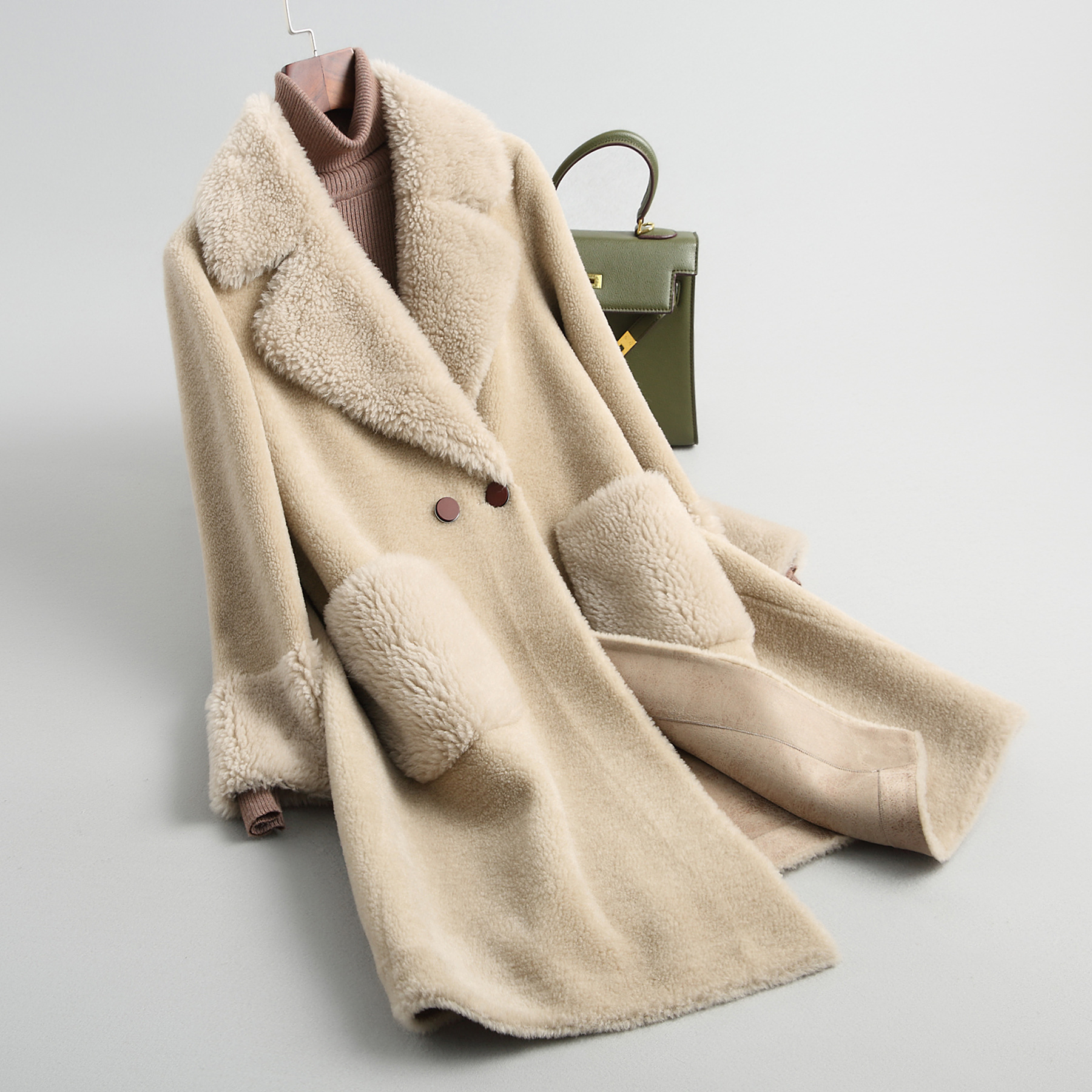 2020新颗粒绒羊剪绒大衣女中长款皮毛一体皮草羊羔毛外套海宁反季