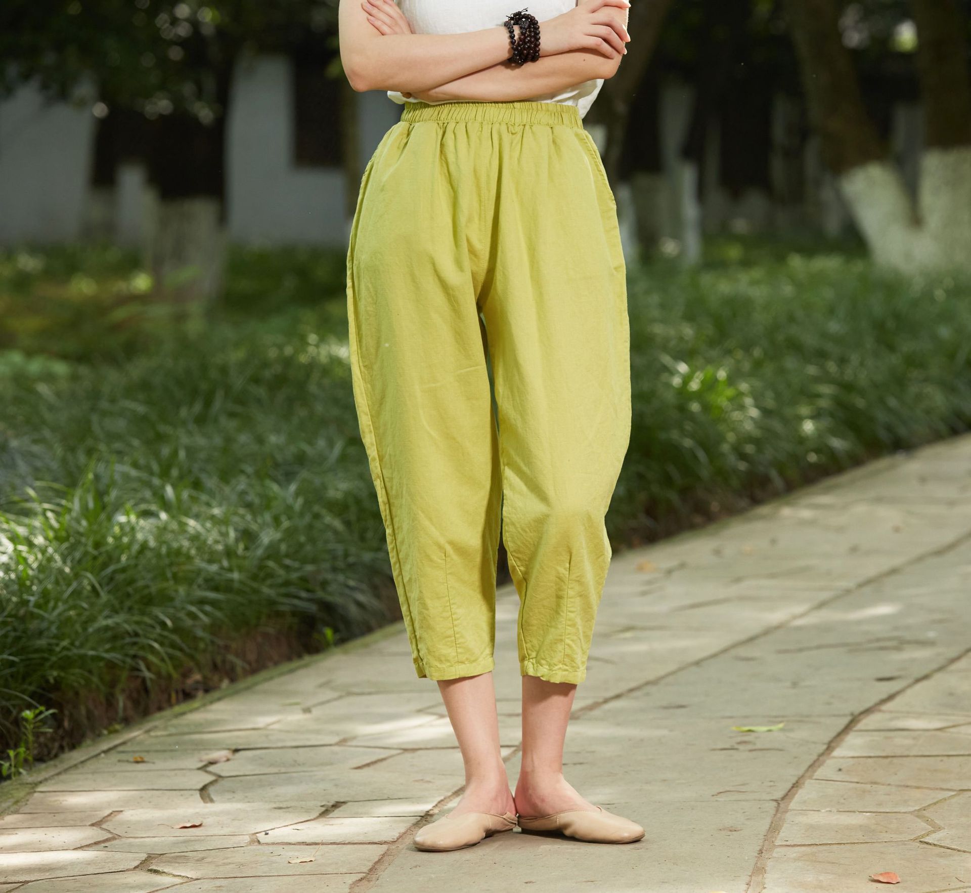 夏季苎麻新款哈伦裤女麻料薄款显瘦萝卜裤棉麻裤子九分宽松亚麻裤