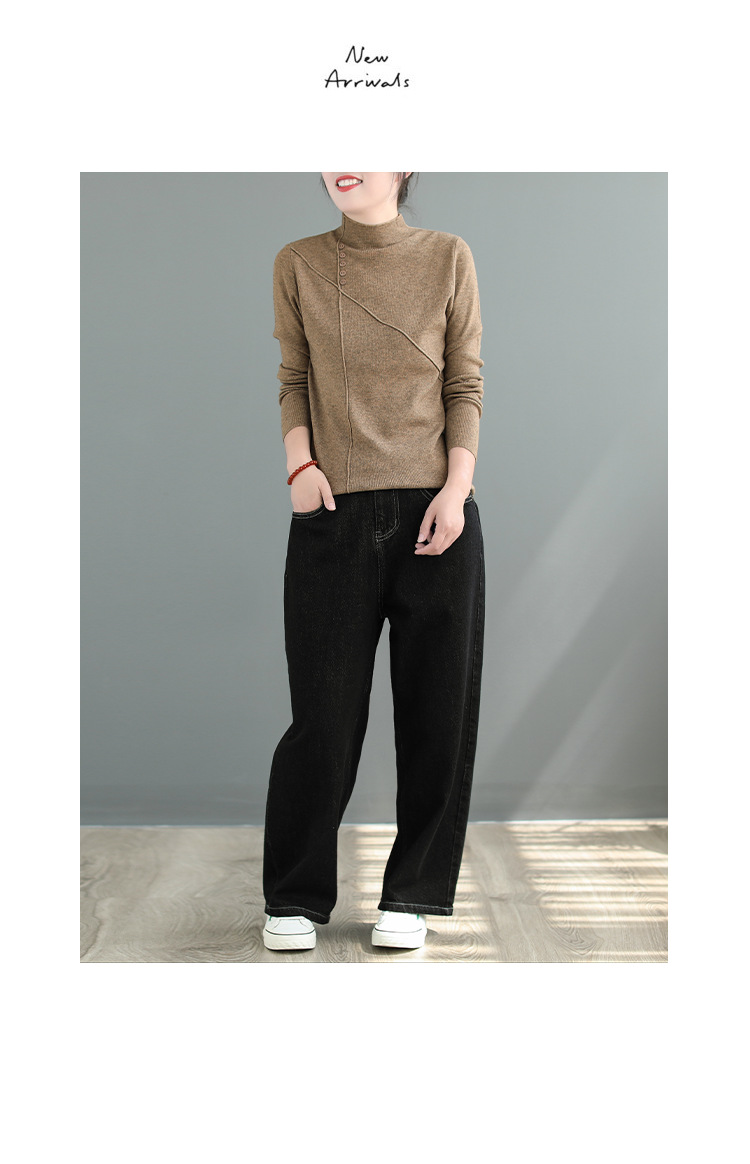 文艺秋冬季深色牛仔直筒裤简约显瘦阔腿裤纯色明线百搭休闲长裤