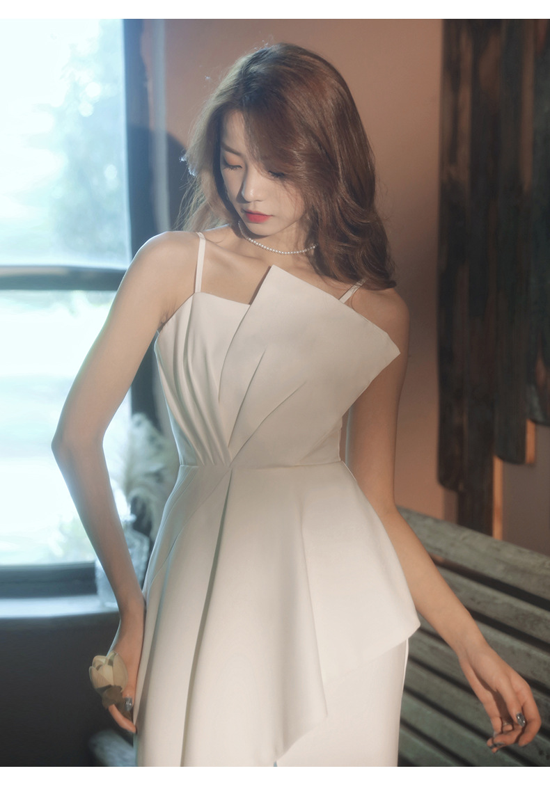 白色晚礼服长款宴会年会主持人礼服女抹胸性感吊带晚礼服一件代发