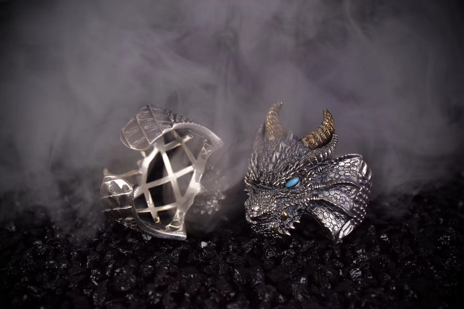 深渊魔龙戒指s925银镶嵌松石南红玛瑙复古国风男款食指戒批发