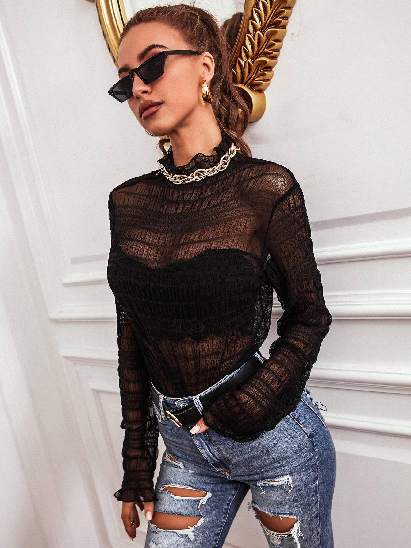 独立站速卖通 亚马逊 网纱透视性感t恤 上衣打底衫女