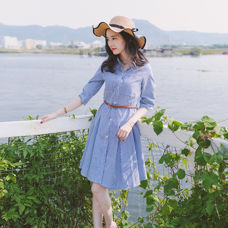 蓝白条纹连衣裙女夏中长款裙子2020秋季新款韩版收腰衬衣裙衬衫裙