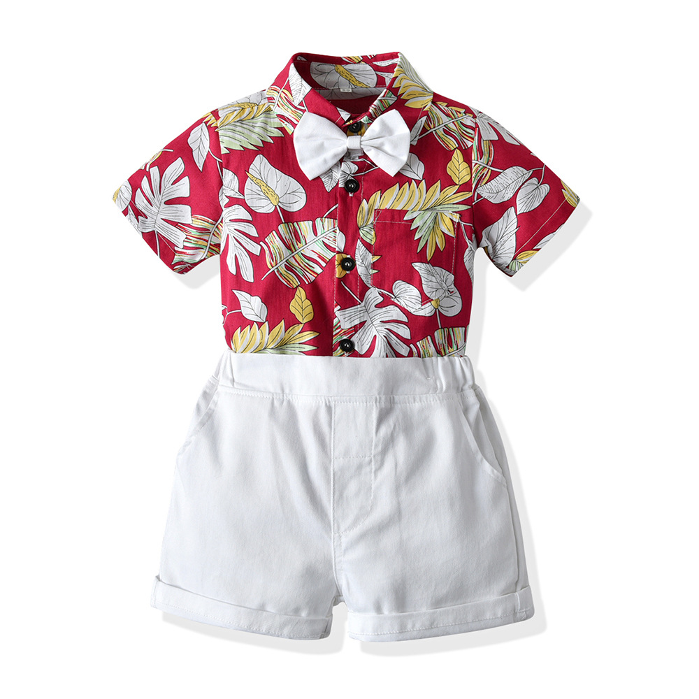 夏季中小童套装欧美童套装男童印花树叶衬衫短裤儿童衣服一件代发
